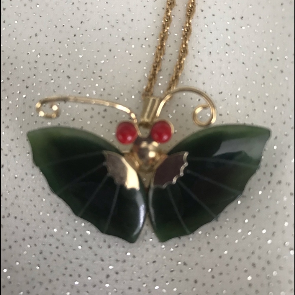 Dynasty Collection Butterfly JADE & Red Coral Butterfly Pin or Necklace